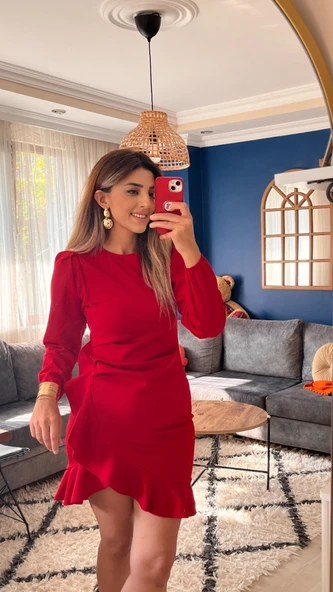 Kadın Uzun Kollu Bisiklet Yaka önden Volanlı Ithal Krep Elbise - Resim 11