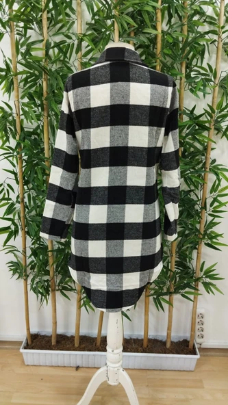 Kadın Uzun Kollu Ekoseli önden Düğmeli Dokuma Uzun Gömlek - Resim 9