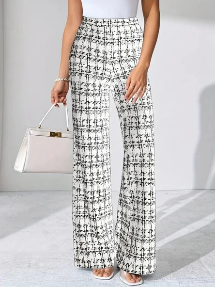 Kadın Yüksek Bel Paçaya Doğru Geniş Dokuma Pantolon - Resim 5