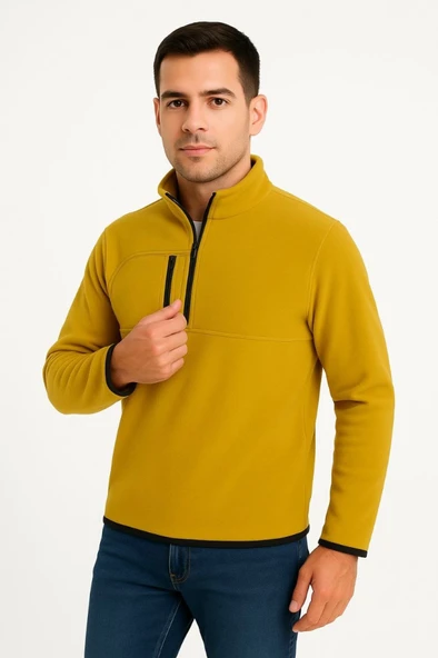 Erkek Polar Kazak – Dik Yaka, Yarım Fermuarlı, Fermuarlı Göğüs Cepli, Siyah Biyeli, Kışlık Rahat Regular Fit Günlük Model - Sarı - 1