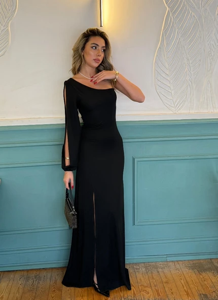 Tek Omuz Açık Derin Yırtmaçlı Krep Tam Boy Elbise - Resim 12