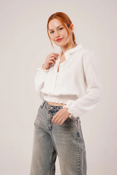 Bel Ve Bilek Lastikli Beyaz Bluz - Resim 4