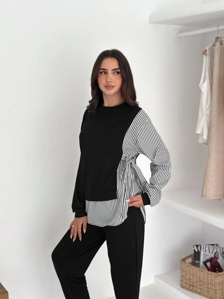 Kadın Gömlek Detay çizgili Yandan Bağlamalı Ikili Takım ürün görseli