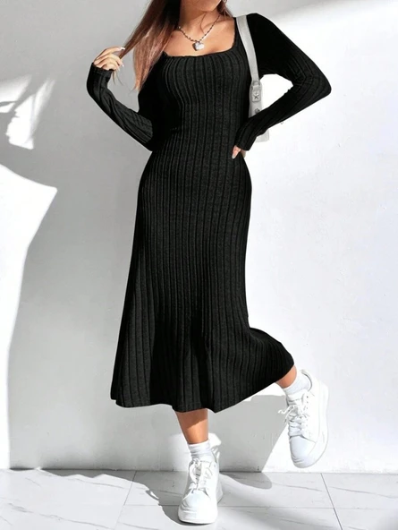 Kadın Uzun Kollu Kare Yaka Midi Kaşkorse Elbise ürün görseli