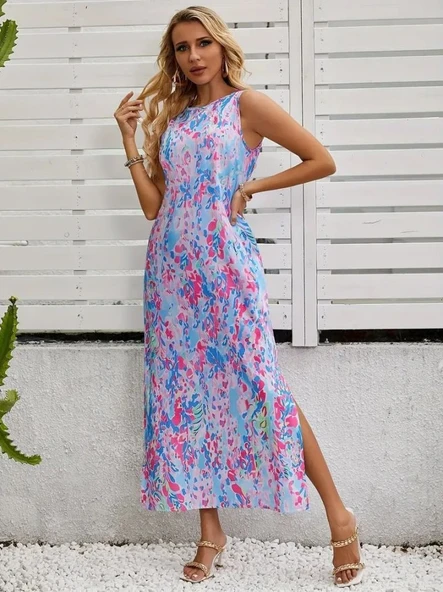 Kadın Askılı Yuvarlak Yaka Yandan Yırtmaçlı Uzun Süprem Elbise - Resim 9