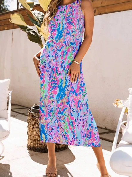 Kadın Askılı Yuvarlak Yaka Yandan Yırtmaçlı Uzun Süprem Elbise - Resim 4