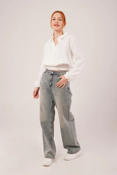 Bel Ve Bilek Lastikli Beyaz Bluz - Resim 2