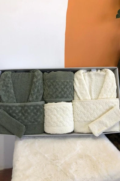 Şazeli 8 Parça Aile Bornoz Takımı Krem Haki ürün görseli