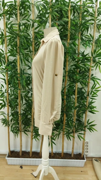 Kadın Uzun Kollu Gömlek Yaka önden Düğmeli Yanlardan Büzgülü Kısa Aerobin Elbise - Resim 7