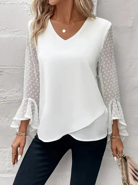 Kadın Uzun Kollu V Yakalı Kolları Ispanyol Detayı Sandy Bluz - Resim 4