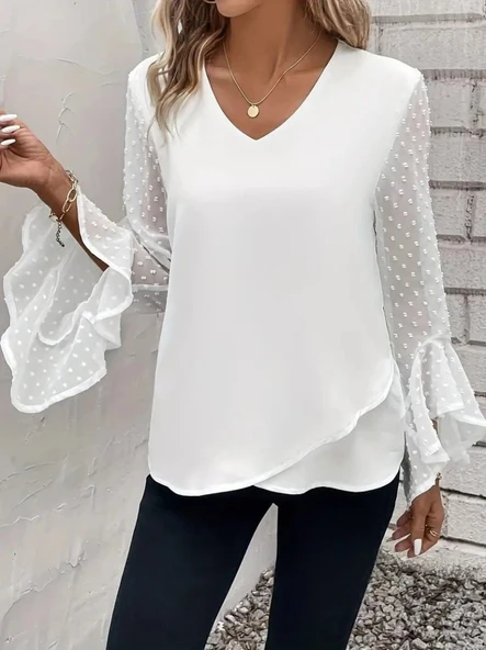 Kadın Uzun Kollu V Yakalı Kolları Ispanyol Detayı Sandy Bluz ürün görseli
