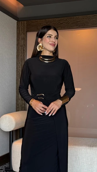 Kadın Balıkçı Yaka Toka Detay Sandy Kumaş Midi Boy Elbise - Resim 4