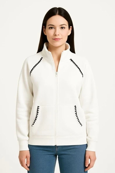 Oversize Dik Yaka Fermuarlı Sweatshirt - Zincir Nakışli Kanguru Cepli, - Beyaz - Resim 3
