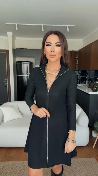 Kadın Uzun Kollu Hakim Yaka Ayarlanabilir Fermuar Dekolteli Mini Elbise - Resim 3