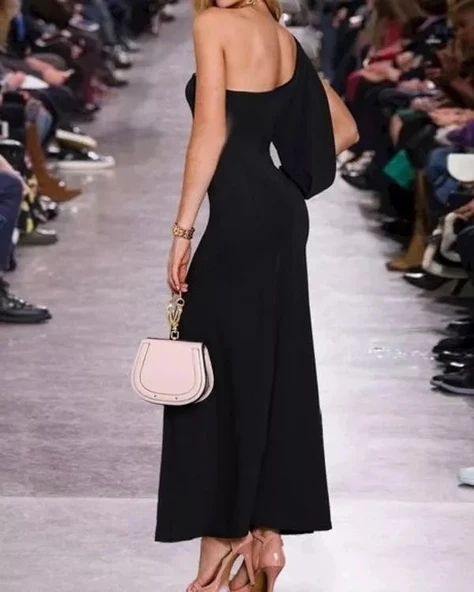 Tek Omuz Açık Derin Yırtmaçlı Krep Tam Boy Elbise - Resim 3