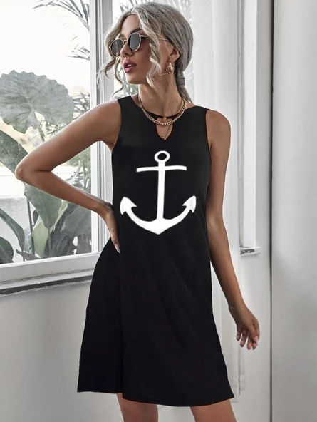 Kadın Kolsuz Halka Detay çıpa Baskılı Viskon Elbise - Resim 6