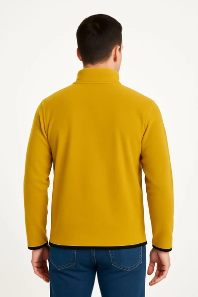 Erkek Polar Kazak – Dik Yaka, Yarım Fermuarlı, Fermuarlı Göğüs Cepli, Siyah Biyeli, Kışlık Rahat Regular Fit Günlük Model - Sarı - 2