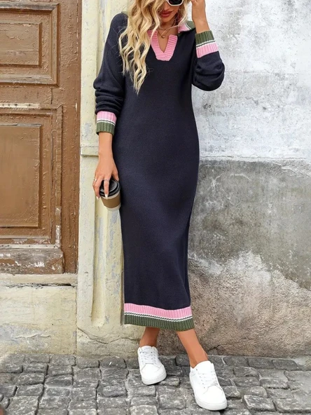 Kadın Uzun Kollu Yakalı çok Renkli Triko Uzun Elbise - Resim 3