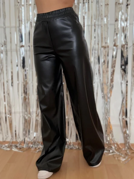 Kadın Yüksek Bel Beli Lastikli Geniş Paçalı Deri Pantolon - Resim 11