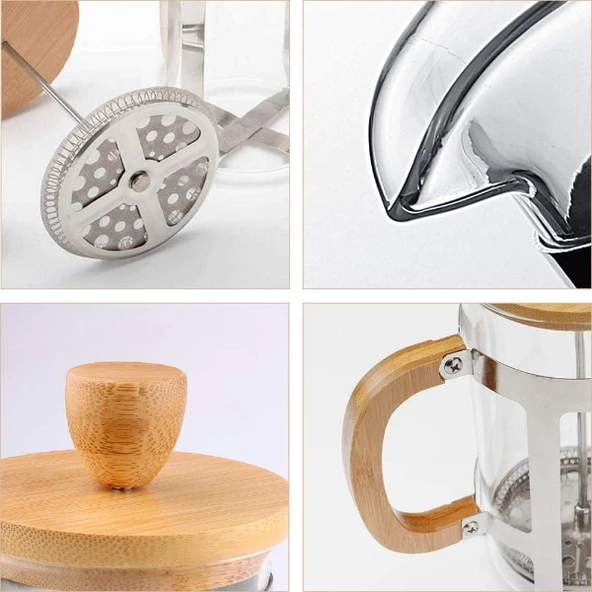 Periboia Ahşap Detaylı 350 ml Cam French Press - 2