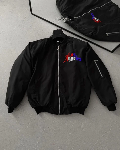 Tam Fermuarlı Uzun Kol Baskılı Bomber Ceket - Siyah ürün görseli