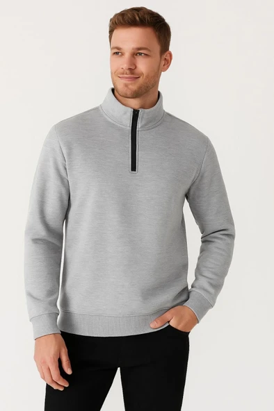 Erkek Dik Yaka Sweatshirt Dik Yaka Yarım Fermuarlı 3 İplik Şardonlu Pamuk Kumaş - Gri - Resim 3