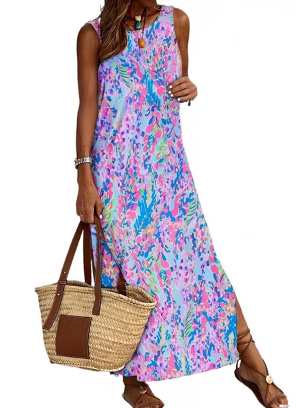 Kadın Askılı Yuvarlak Yaka Yandan Yırtmaçlı Uzun Süprem Elbise - Resim 5