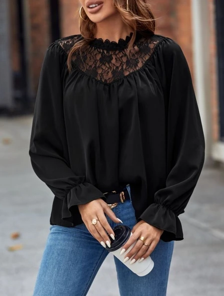 Kadın Uzun Kollu Dantelli Salaş Sandy Bluz - Resim 2