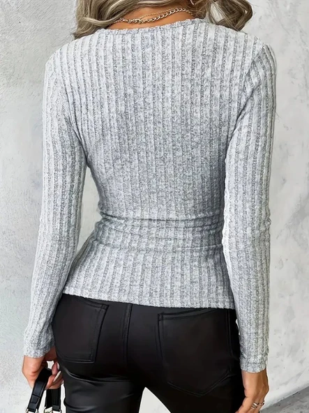 Kadın Uzun Kollu Kruvaze Yaka Yandan Düğme Detaylı şardonlu Kaşkorse Bluz - Resim 3