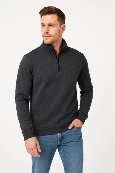 Erkek Dik Yaka Sweatshirt Dik Yaka Yarım Fermuarlı 3 İplik Şardonlu Pamuk Kumaş - Antrasit - Resim 2