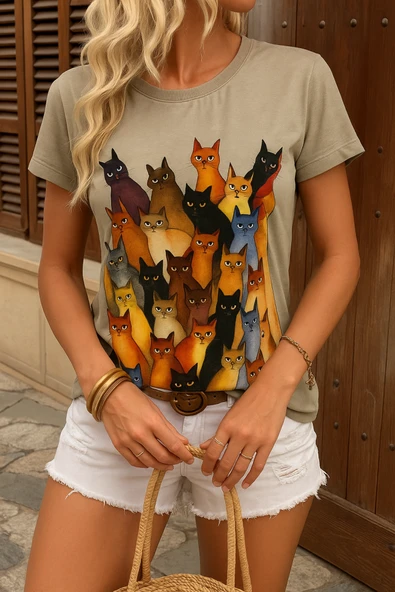 Kadın Kısa Kollu Bisiklet Yaka Kedi Desenli Süprem Bluz ürün görseli