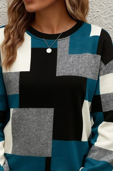 Kadın Uzun Kollu Bisiklet Yaka Renkli Blok Baskı Dalgıç Bluz - Resim 2