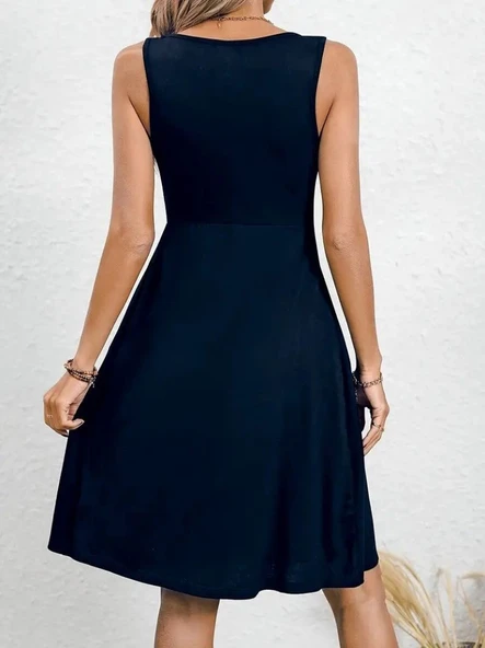 Kadın Askılı Yuvarlak Yaka önden Pileli Viskon Elbise - Resim 4