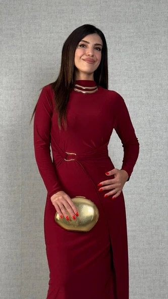 Kadın Balıkçı Yaka Toka Detay Sandy Kumaş Midi Boy Elbise ürün görseli