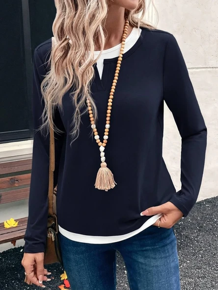 Kadın Uzun Kollu V Yakalı çift Renkli Viskon Iki Iplik Bluz - Resim 3