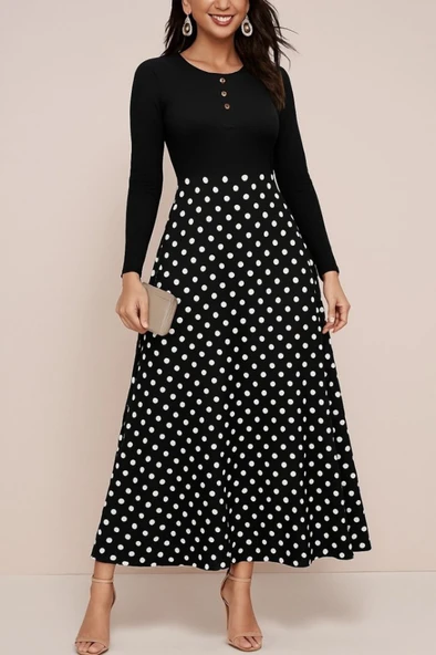 Kadın Uzun Kollu önü Düğmeli Viskon Bluz Eteği örme Maxi Krep Elbise - Resim 7