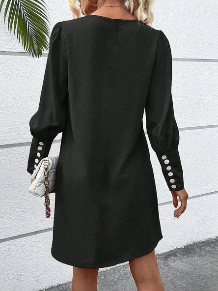 Kadın Uzun Kollu V Yakalı Kısa Ithal Krep Elbise - Resim 2