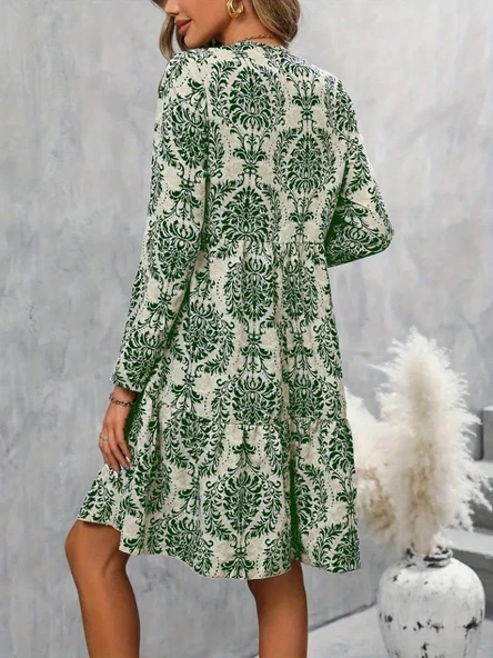 Kadın Uzun Kollu V Yakalı Fırfırlı Mini Süprem Elbise - Resim 3