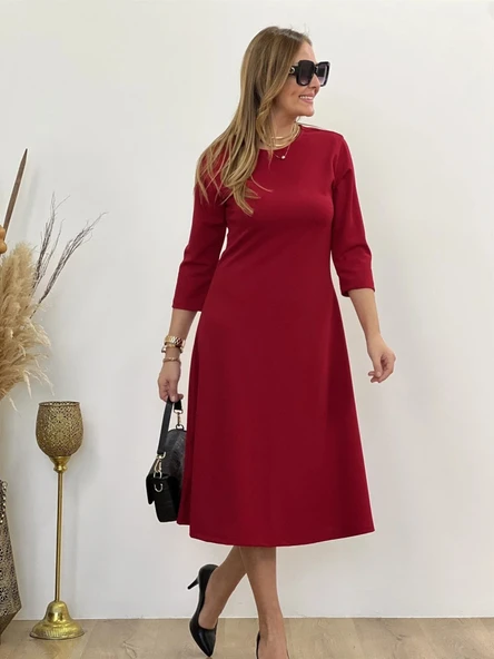 Kadın Uzun Truvakar Kol Bisiklet Yaka Midi Modal Elbise - Resim 5