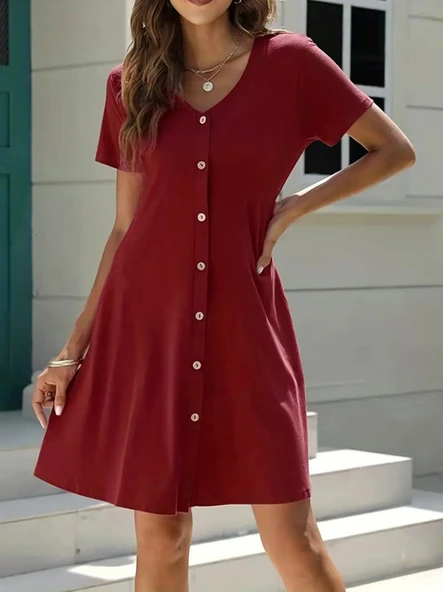 Kadın Kısa Kollu V Yaka önü Düğmeli Viskon Elbise ürün görseli