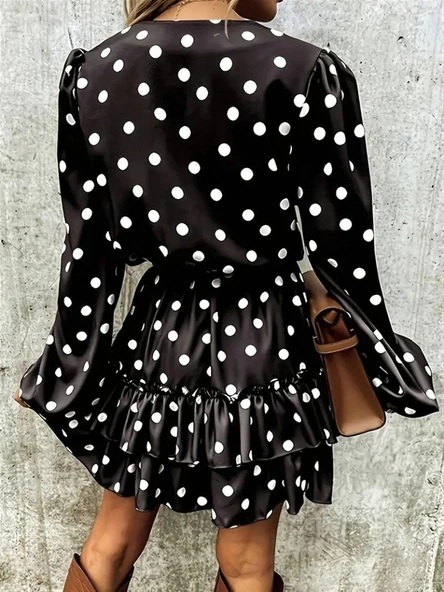 Kadın Uzun Kollu V Yakalı Belden Kuşaklı Puantiyeli Mini Modal Elbise - Resim 3