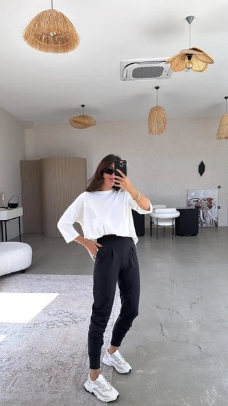 Kadın Scuba Modal Paça Manşet Pileli Pantolun - Resim 5