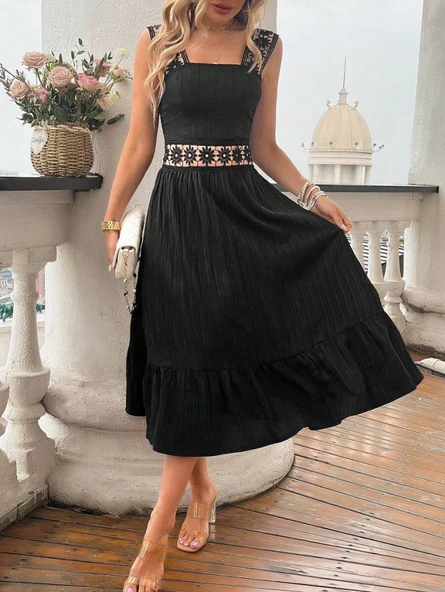 Kadın Askılı Ve Beli Dantel Detaylı Fırfırlı Uzun Bürümcük Elbise - Resim 7