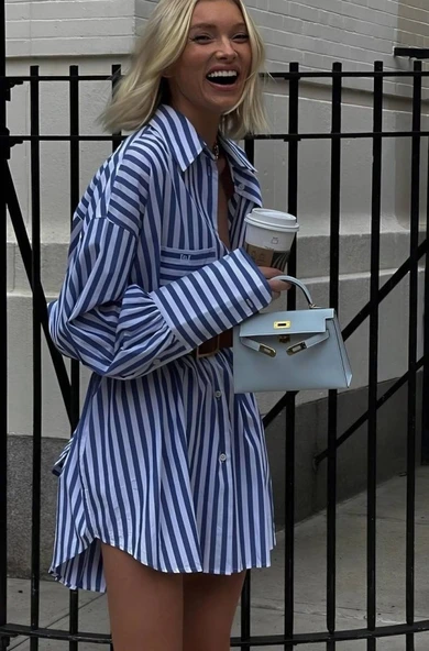 Kadın Gömlek -elbise çizgili Desen - Resim 3