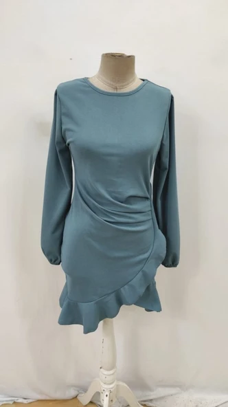 Kadın Uzun Kollu Bisiklet Yaka önden Volanlı Ithal Krep Elbise - Resim 5