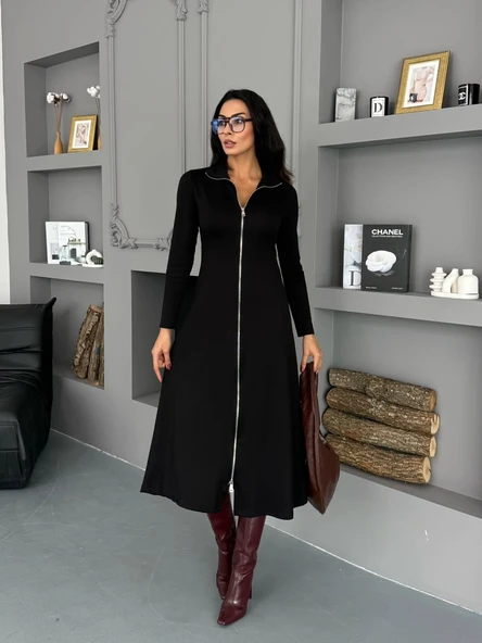 Kadın Uzun Kollu önden Fermuarlı Maxi Viskon Iki Iplik Elbise - Resim 11