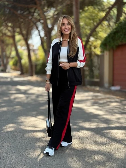 Kadın Hakim Yaka şerit Detay Hırka Ve Bol Paça Pantolon Ikili Takım ürün görseli