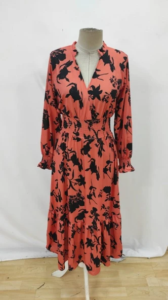 Kadın Uzun Kollu Kruvaze Yakalı çiçek Desenli Maksi Süprem Elbise - Resim 4