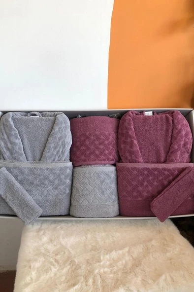 Şazeli 8 Parça Aile Bornoz Takımı Mürdüm Gri ürün görseli