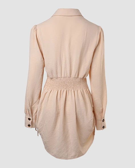 Kadın Uzun Kollu Gömlek Yaka önden Düğmeli Yanlardan Büzgülü Kısa Aerobin Elbise - Resim 5